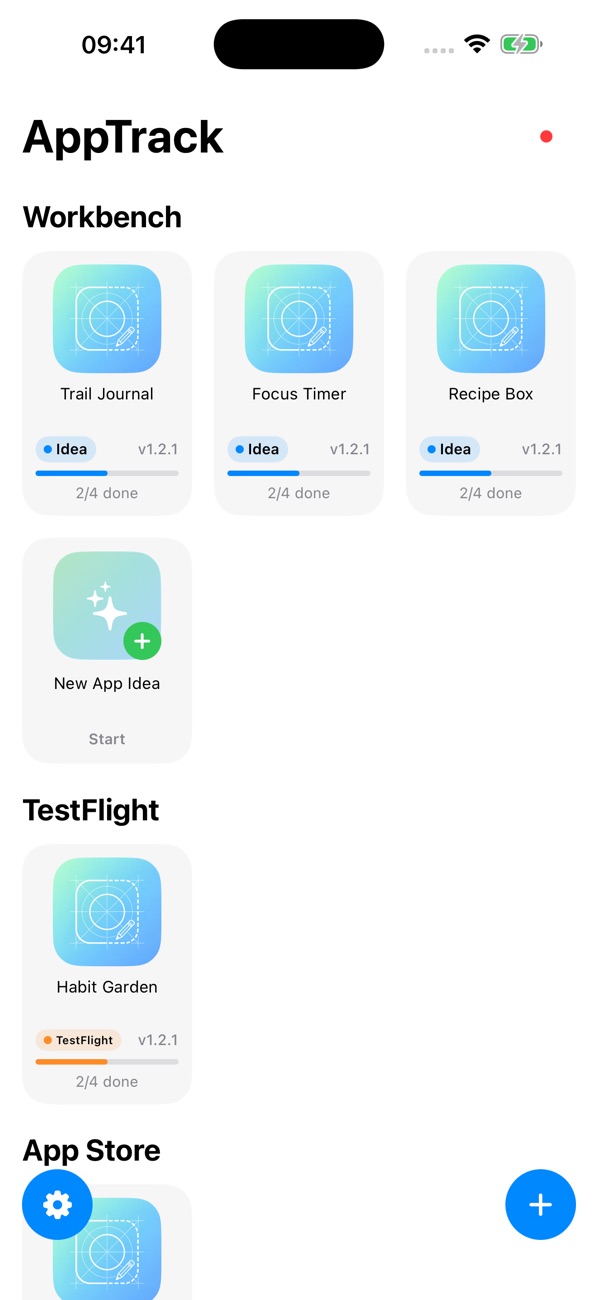 AppTrack.er project dashboard with app ideas and release stages