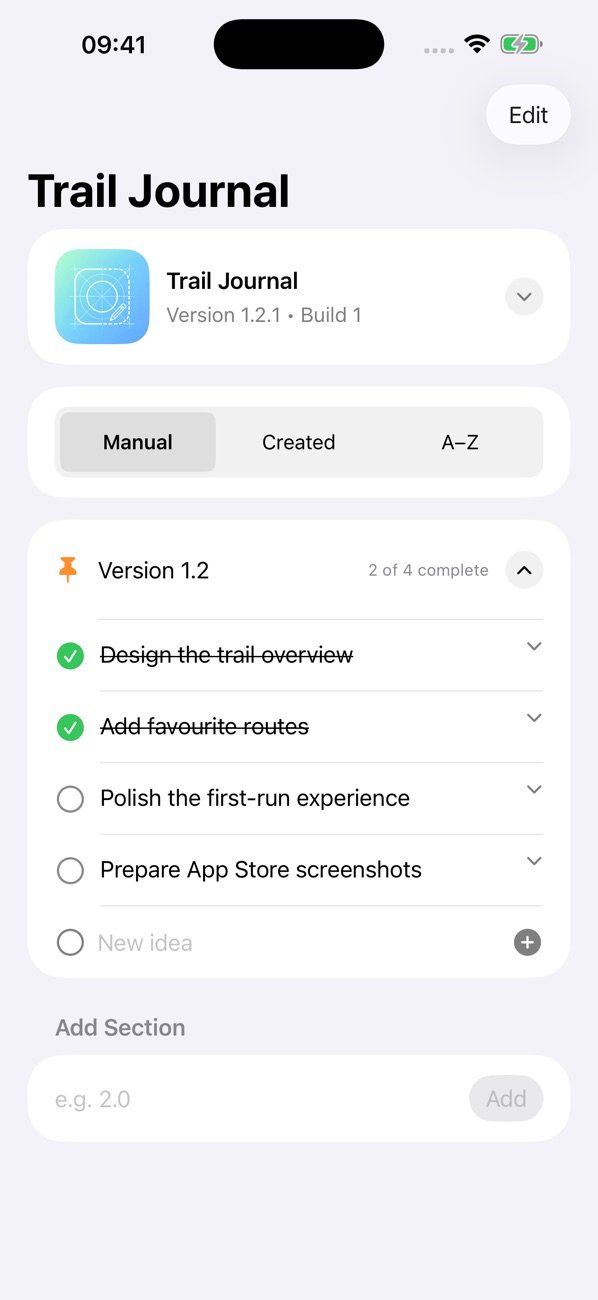 AppTrack.er release planning with development sections and project details