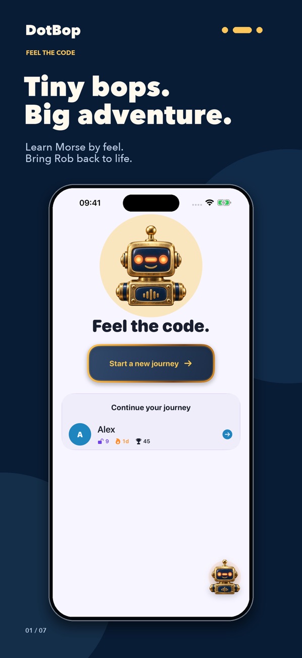 DotBot App Store screenshot introducing R.O.B. and the Morse code adventure