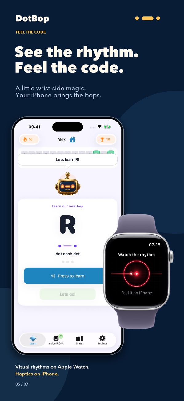 DotBot App Store screenshot showing iPhone and Apple Watch experiences
