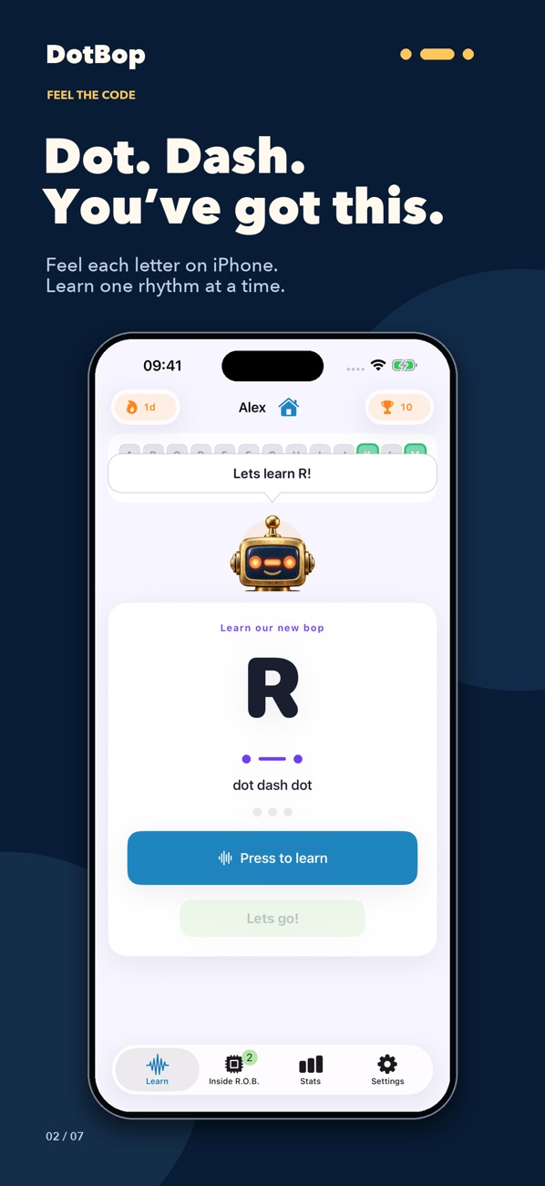 DotBot App Store screenshot showing dots and dashes practice