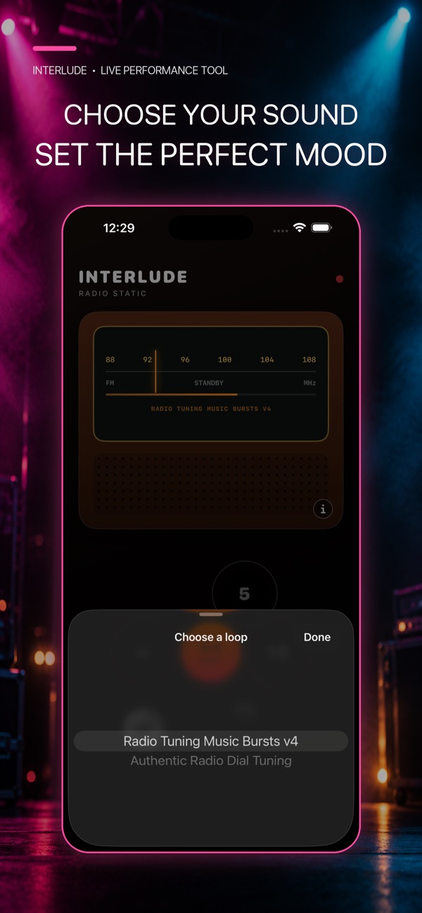 InterludeRadio loop selector showing radio-tuning sound options