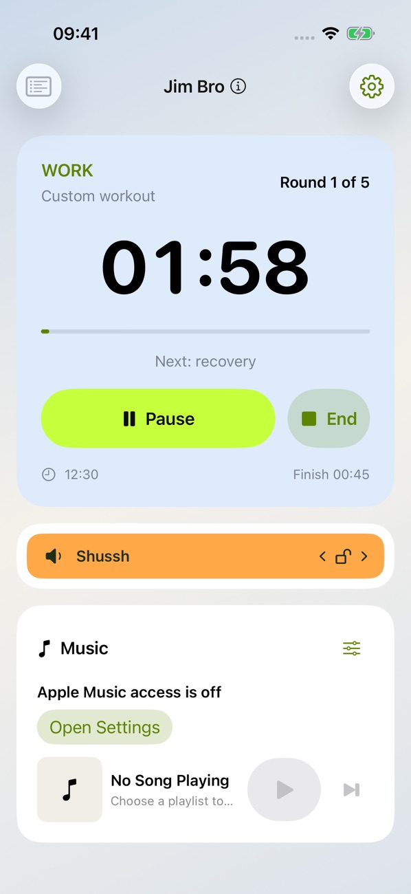 Jim Bro active workout showing time remaining, round number and Shhh control