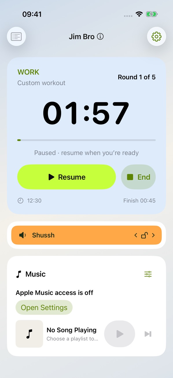 Jim Bro paused workout screen