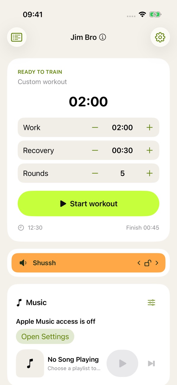 Jim Bro ready-to-start workout timer and music controls