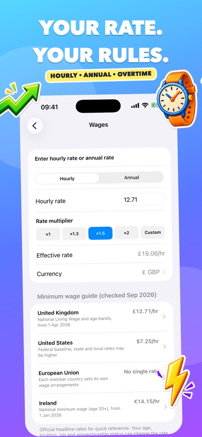 WageWatcher wage settings for hourly or annual pay and overtime rates