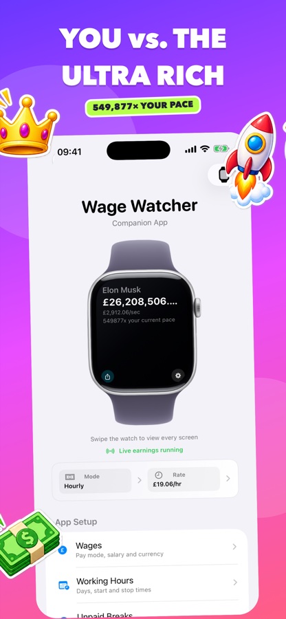 WageWatcher comparing the user's earnings with an ultra-rich profile