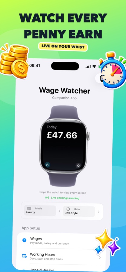 WageWatcher showing live earnings on an Apple Watch preview